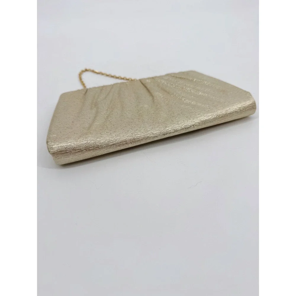 Vintage Gold Metallic‎ Pleated Evening Clutch Bag Rhinestone Clasp Chain Strap